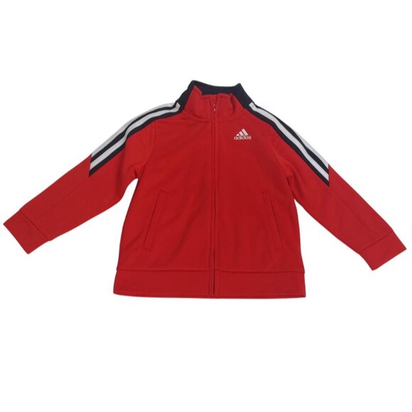 Adidas Kids Red Full Zip‎ Track Jacket 3T Striped Sleeves Fleece Lined Unisex - Picture 1 of 12